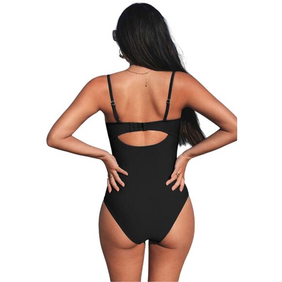 Cupshe Women's V Neck Timeless Black Ruched One Piece Swimwear Size Large - Picture 3 of 7